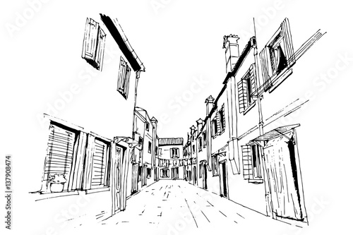 Vector sketch of architecture of Burano island, Venice, Italy.