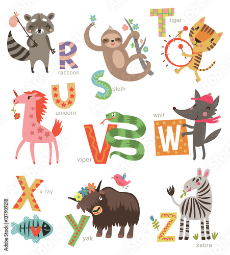 Zoo Alphabet for children. Set of letters and illustrations. Cute animals