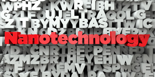 Nanotechnology - Red text on typography background - 3D rendered royalty free stock image. This image can be used for an online website banner ad or a print postcard.