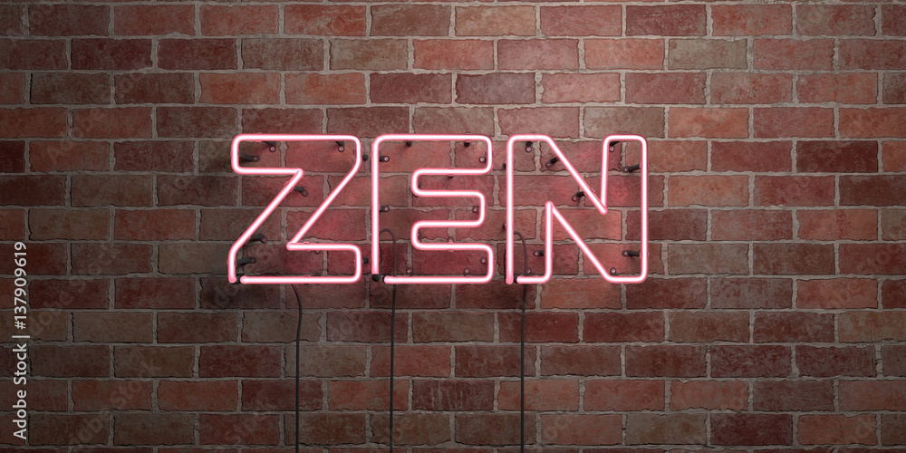 ZEN - fluorescent Neon tube Sign on brickwork - Front view - 3D rendered royalty free stock picture. Can be used for online banner ads and direct mailers.. ZEN - fluorescent Neon tube Sign on brickwork - Front view - 3D rendered royalty free stock picture. Can be used for online banner ads and direct mailers..