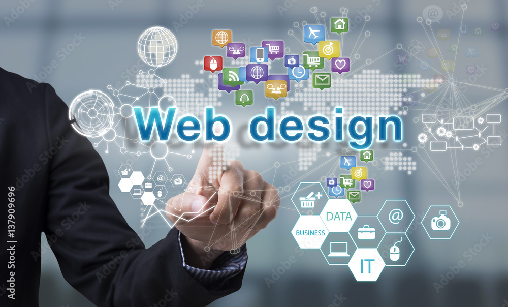 Businessman hand chooses web design wording on interface screen. internet technology service concept. can used for cover page presentation and web banner. Businessman hand chooses web design wording on interface screen. internet technology service concept. can used for cover page presentation and web banner.