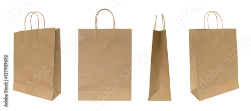 Brown recycled paper bag set isolated on white background, clipping path included