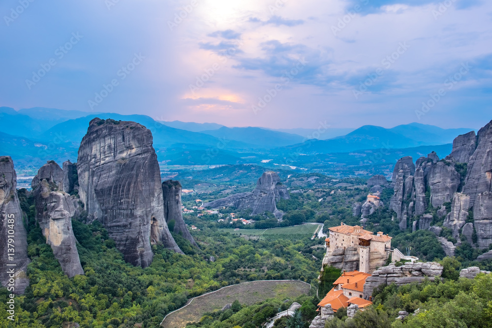 Evening time at Meteora. Plain of Thessaly, Greece