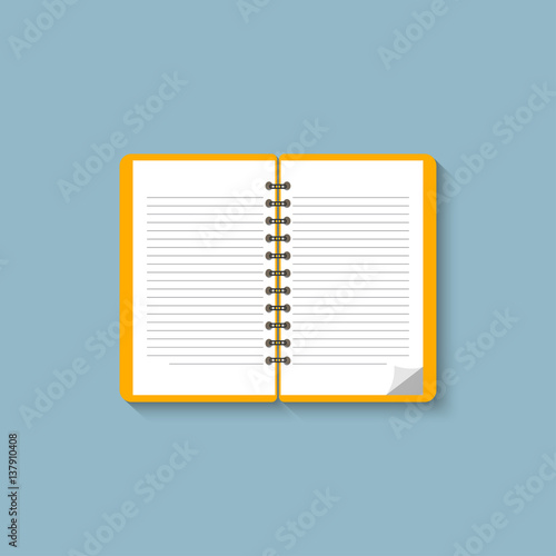 Notebook. Flat design. Notebook on blue background. Open notepad. Vector icon