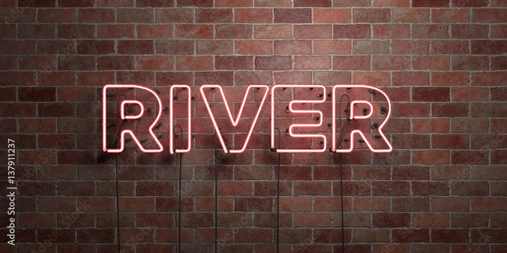 Obraz premium RIVER - fluorescent Neon tube Sign on brickwork - Front view - 3D rendered royalty free stock picture. Can be used for online banner ads and direct mailers..