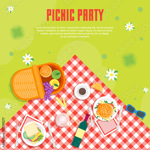 Cartoon Summer Picnic in Park Basket Card Background. Vector