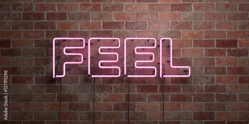 FEEL - fluorescent Neon tube Sign on brickwork - Front view - 3D rendered royalty free stock picture. Can be used for online banner ads and direct mailers..