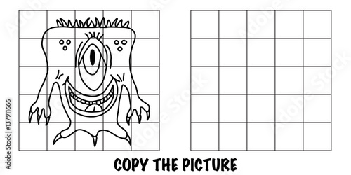 Copy the picture. Crazy alien monster. An educational, fun activity for children to help improve their drawing skills.