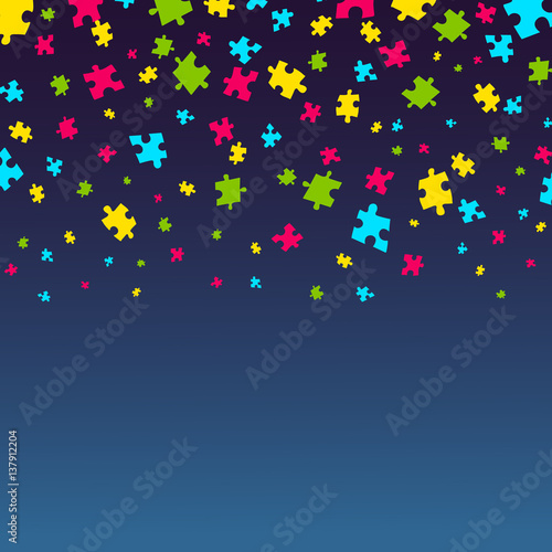 Autism awareness poster with falling puzzle pieces on blue background. Solidarity and support symbol. Medical concept. Vector illustration.