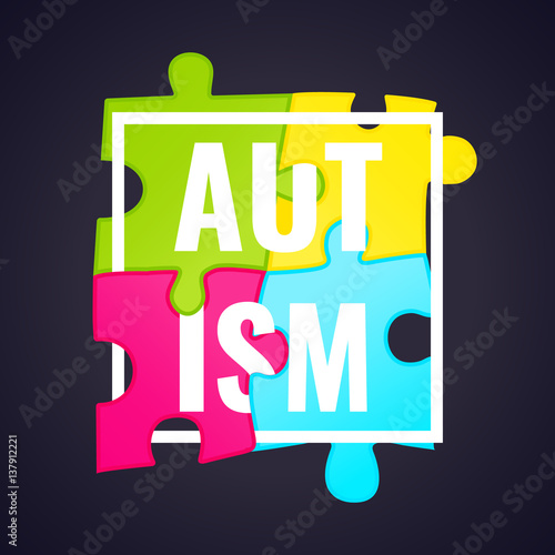 Autism awareness poster with puzzle pieces in a frame on dark background. Solidarity and support symbol. Medical concept. Vector illustration.
