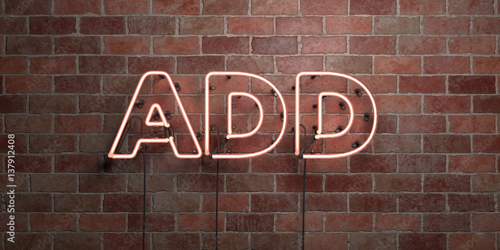 ADD - fluorescent Neon tube Sign on brickwork - Front view - 3D rendered royalty free stock picture. Can be used for online banner ads and direct mailers.. ADD - fluorescent Neon tube Sign on brickwork - Front view - 3D rendered royalty free stock picture. Can be used for online banner ads and direct mailers..