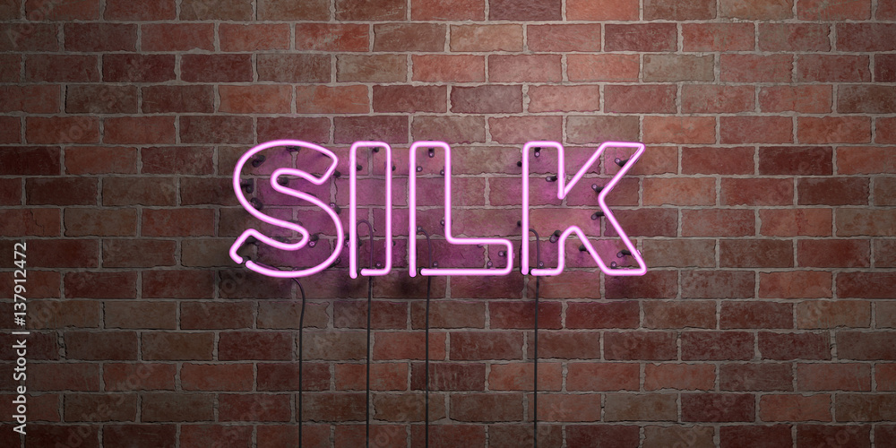 SILK - fluorescent Neon tube Sign on brickwork - Front view - 3D rendered royalty free stock picture. Can be used for online banner ads and direct mailers.. SILK - fluorescent Neon tube Sign on brickwork - Front view - 3D rendered royalty free stock picture. Can be used for online banner ads and direct mailers..