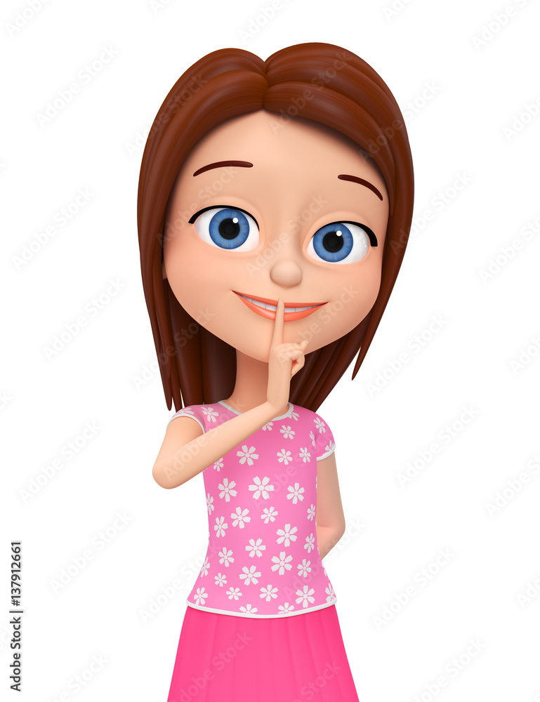 Girl isolated on white background put her finger to her lips Shhh sign. 3d rendered illustration. Girl isolated on white background put her finger to her lips Shhh sign. 3d rendered illustration.