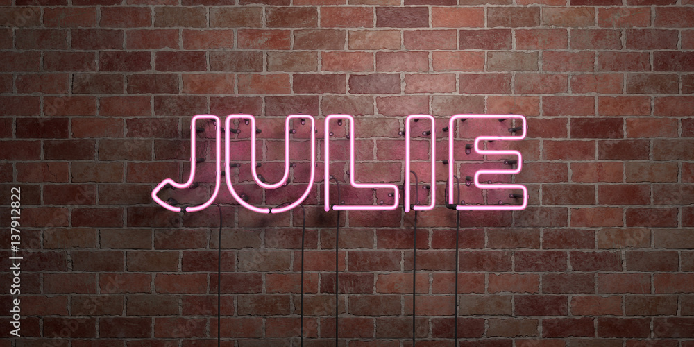 Fototapeta premium JULIE - fluorescent Neon tube Sign on brickwork - Front view - 3D rendered royalty free stock picture. Can be used for online banner ads and direct mailers..