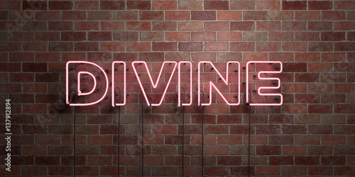 DIVINE - fluorescent Neon tube Sign on brickwork - Front view - 3D rendered royalty free stock picture. Can be used for online banner ads and direct mailers..