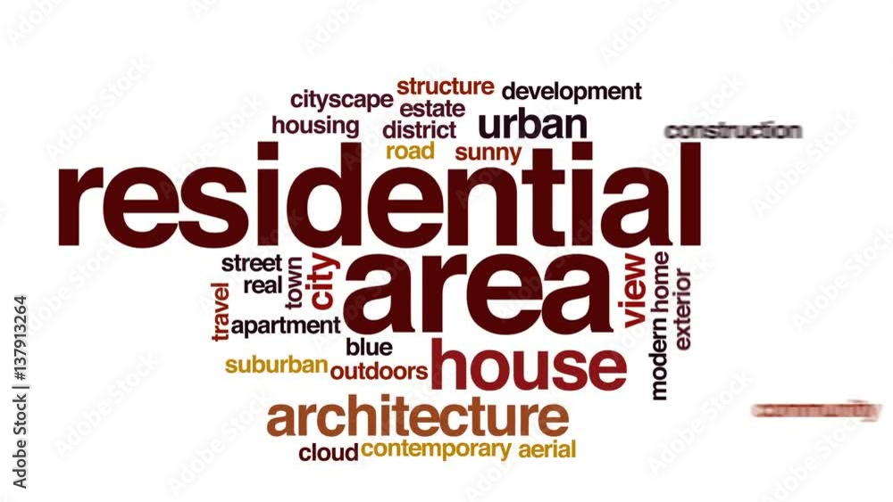 Residential area animated word cloud, text design animation. Residential area animated word cloud, text design animation.