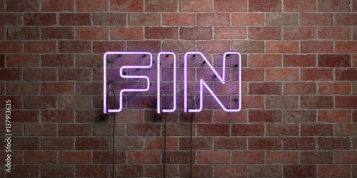 FIN - fluorescent Neon tube Sign on brickwork - Front view - 3D rendered royalty free stock picture. Can be used for online banner ads and direct mailers..