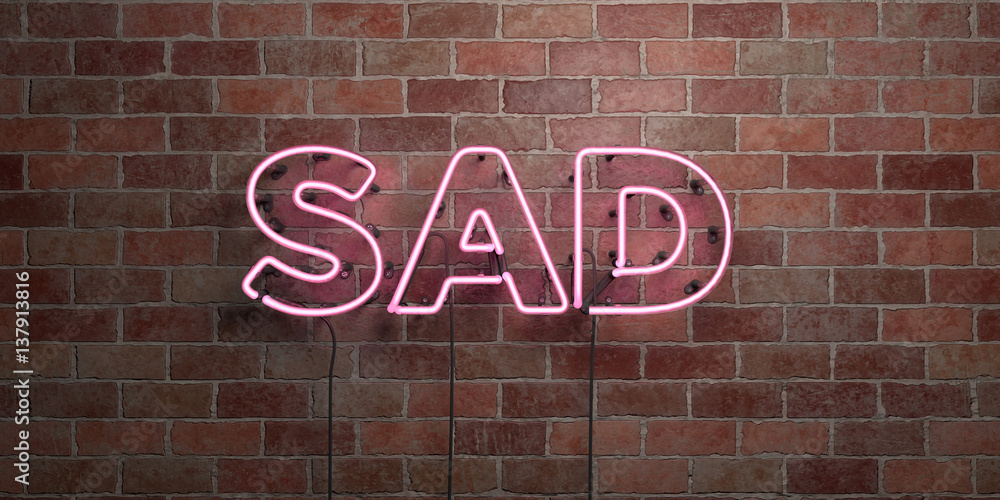Obraz premium SAD - fluorescent Neon tube Sign on brickwork - Front view - 3D rendered royalty free stock picture. Can be used for online banner ads and direct mailers..