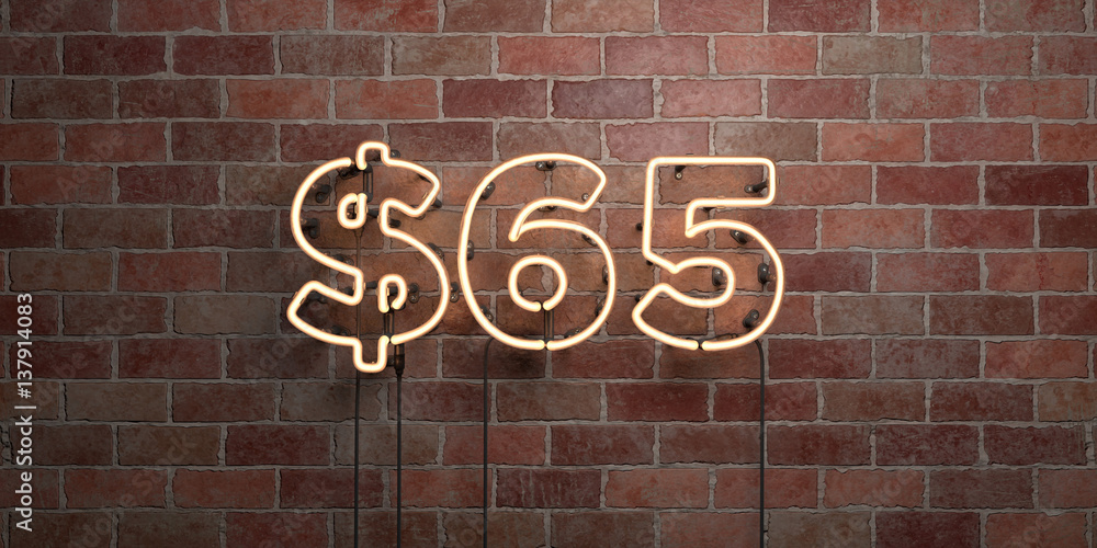 $65 - fluorescent Neon tube Sign on brickwork - Front view - 3D rendered royalty free stock picture. Can be used for online banner ads and direct mailers.. $65 - fluorescent Neon tube Sign on brickwork - Front view - 3D rendered royalty free stock picture. Can be used for online banner ads and direct mailers..