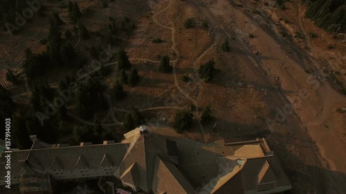 Mt Hood Aerial v2 Flying low over lodge panning up to mountain view.