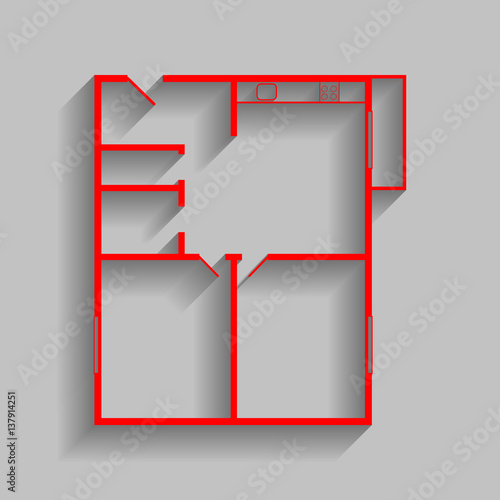 Apartment house floor plans. Vector. Red icon with soft shadow on gray background.