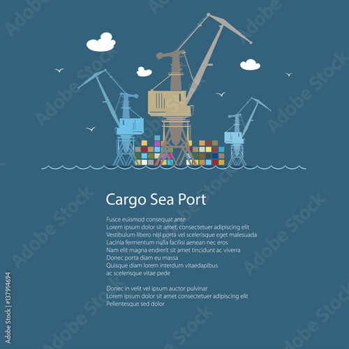 Cargo Crane at the Port at Sea and Text, Containers and Cranes at the Dock, International Freight Transportation, Poster Brochure Flyer Design, Vector Illustration