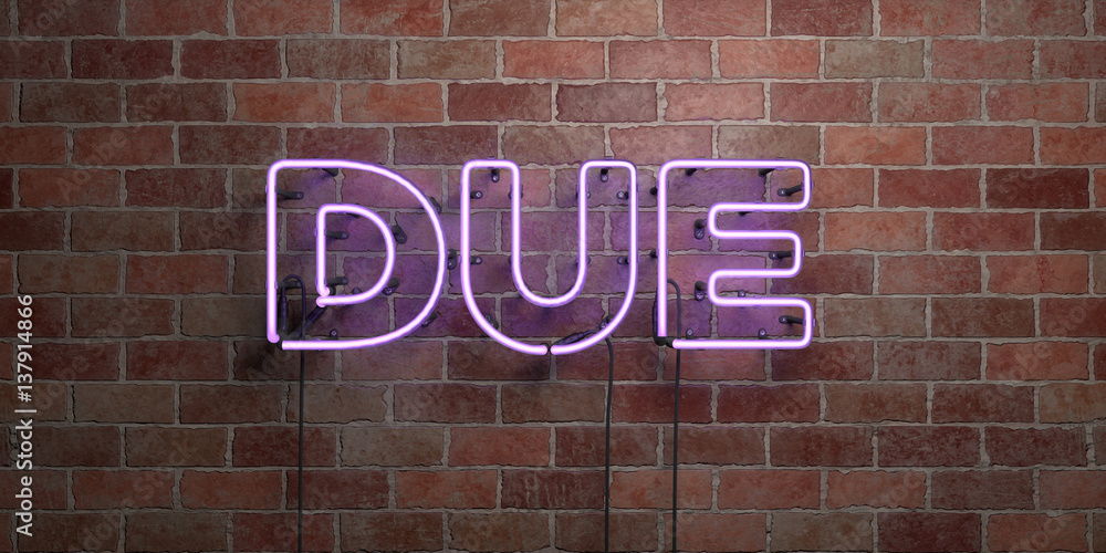 Obraz premium DUE - fluorescent Neon tube Sign on brickwork - Front view - 3D rendered royalty free stock picture. Can be used for online banner ads and direct mailers..