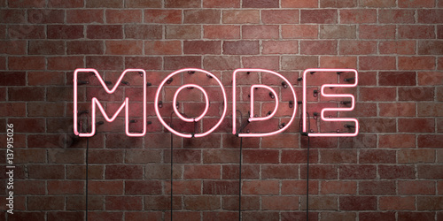 MODE - fluorescent Neon tube Sign on brickwork - Front view - 3D rendered royalty free stock picture. Can be used for online banner ads and direct mailers..