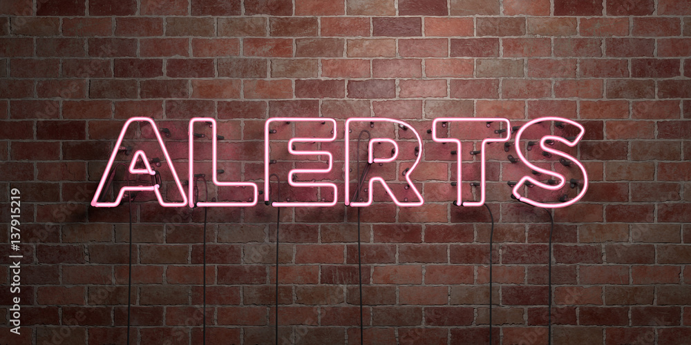 ALERTS - fluorescent Neon tube Sign on brickwork - Front view - 3D rendered royalty free stock picture. Can be used for online banner ads and direct mailers.. ALERTS - fluorescent Neon tube Sign on brickwork - Front view - 3D rendered royalty free stock picture. Can be used for online banner ads and direct mailers..
