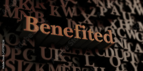 Benefited - Wooden 3D rendered letters/message.  Can be used for an online banner ad or a print postcard. photo