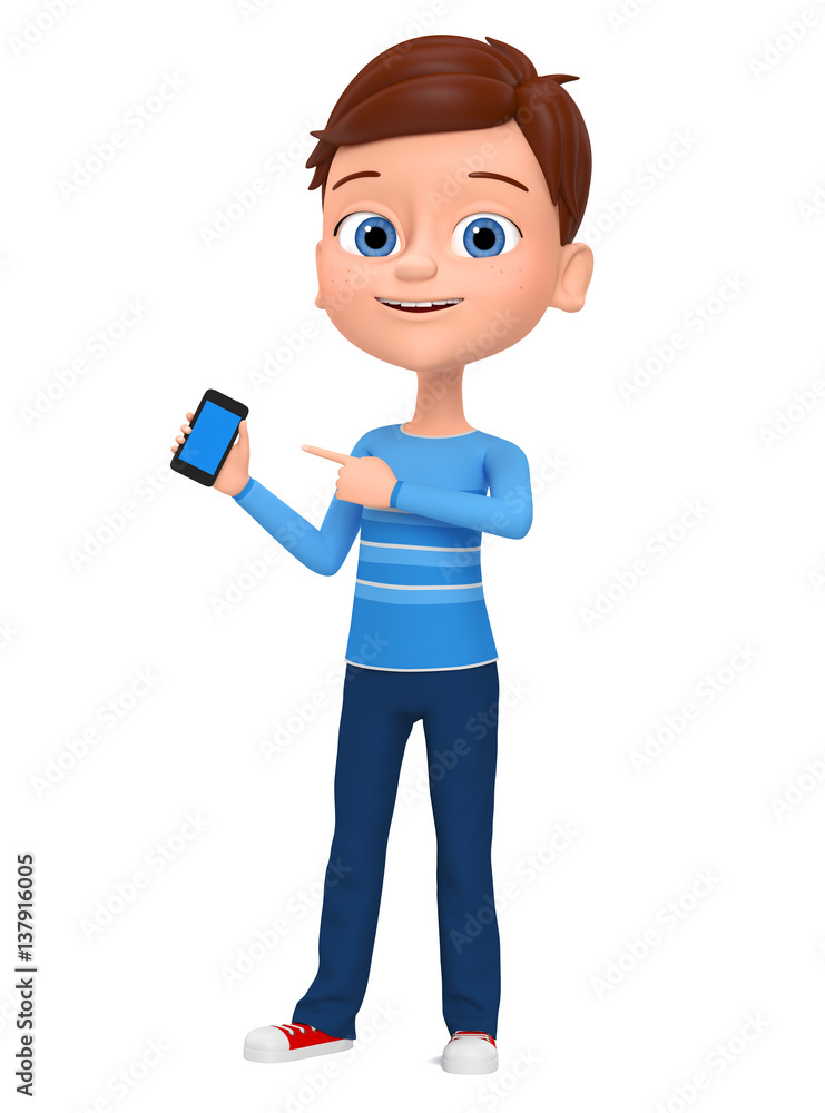 Happy guy isolated on a white background indicates a mobile phone. Illustrations 3d rendering.