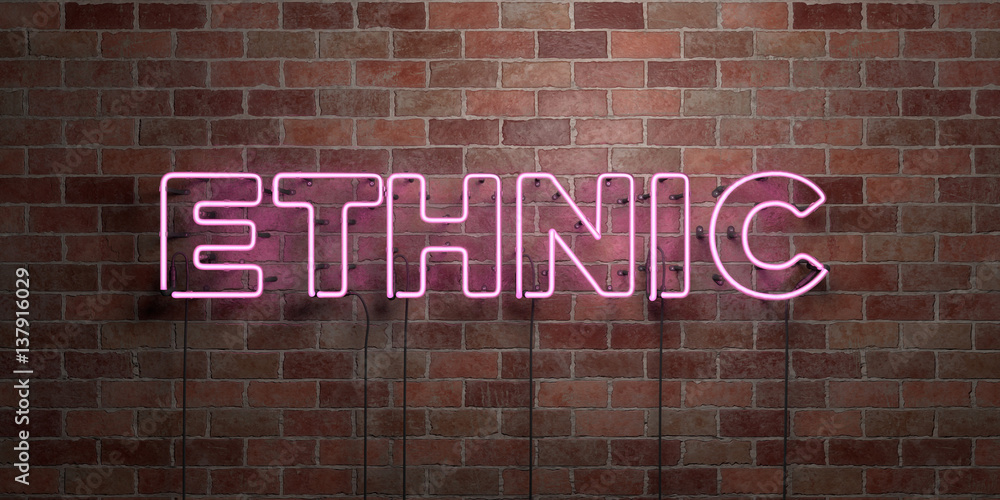 Fototapeta premium ETHNIC - fluorescent Neon tube Sign on brickwork - Front view - 3D rendered royalty free stock picture. Can be used for online banner ads and direct mailers..