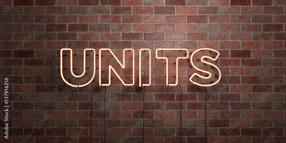 Obraz premium UNITS - fluorescent Neon tube Sign on brickwork - Front view - 3D rendered royalty free stock picture. Can be used for online banner ads and direct mailers..
