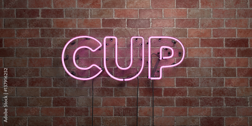 CUP - fluorescent Neon tube Sign on brickwork - Front view - 3D rendered royalty free stock picture. Can be used for online banner ads and direct mailers.. CUP - fluorescent Neon tube Sign on brickwork - Front view - 3D rendered royalty free stock picture. Can be used for online banner ads and direct mailers..