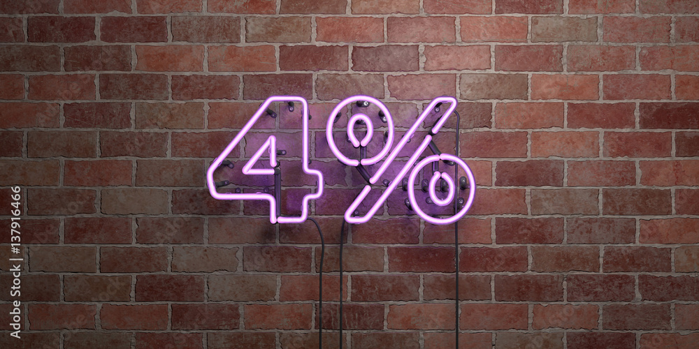 4% - fluorescent Neon tube Sign on brickwork - Front view - 3D rendered royalty free stock picture. Can be used for online banner ads and direct mailers.. 4% - fluorescent Neon tube Sign on brickwork - Front view - 3D rendered royalty free stock picture. Can be used for online banner ads and direct mailers..