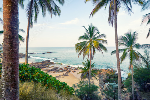 Fototapeta Naklejka Na Ścianę i Meble -  Beautiful tropical beach with big coconut palms.