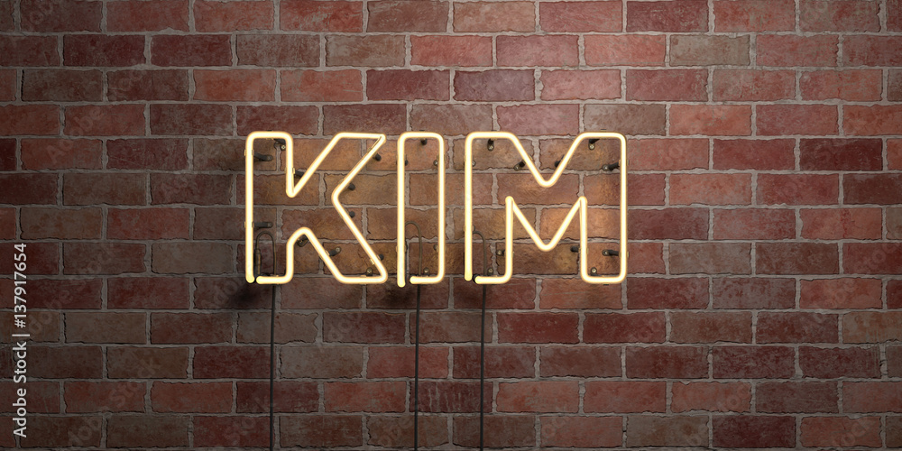 Obraz premium KIM - fluorescent Neon tube Sign on brickwork - Front view - 3D rendered royalty free stock picture. Can be used for online banner ads and direct mailers..