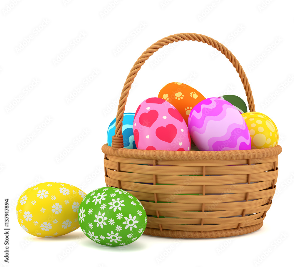 Fototapeta premium Illustrations 3d rendering. Easter eggs in a basket on a white background.
