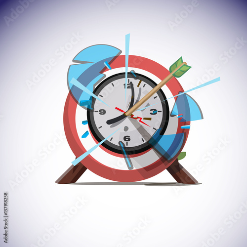 arrows hitting the center of wall clock. Success time concept - vector