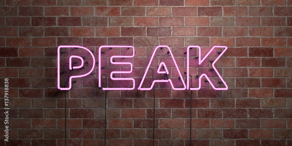 Obraz premium PEAK - fluorescent Neon tube Sign on brickwork - Front view - 3D rendered royalty free stock picture. Can be used for online banner ads and direct mailers..