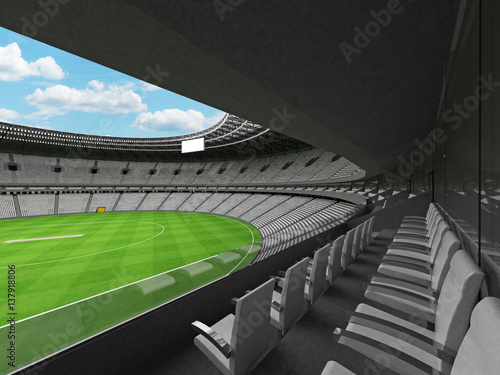 3D render of a round cricket stadium with white seats and VIP boxes