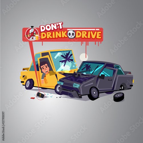 Car crash with alcohol can.  Don't Drink and drive concept - vector