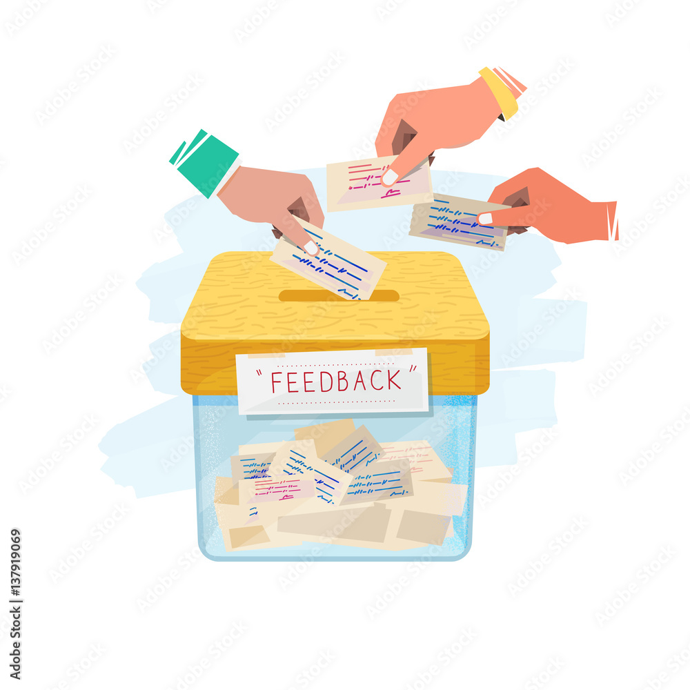 Hand inserting paper of feedback in to box. feedback and suggestion box