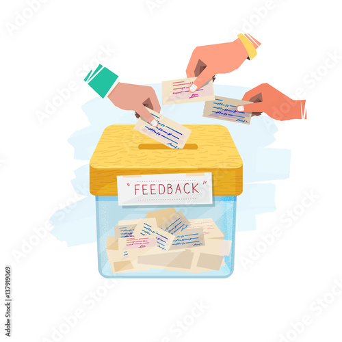Hand inserting paper of feedback in to box. feedback and suggestion box concept - vector