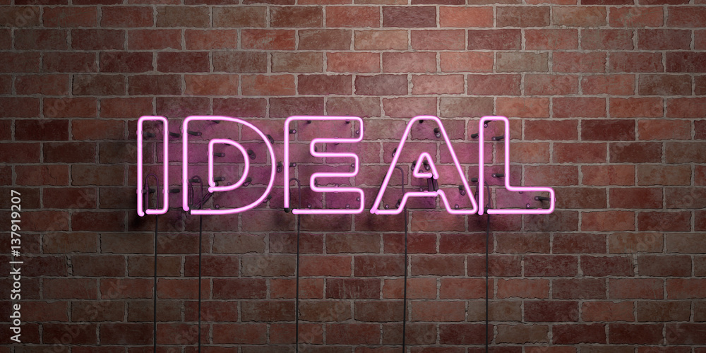 Obraz premium IDEAL - fluorescent Neon tube Sign on brickwork - Front view - 3D rendered royalty free stock picture. Can be used for online banner ads and direct mailers..