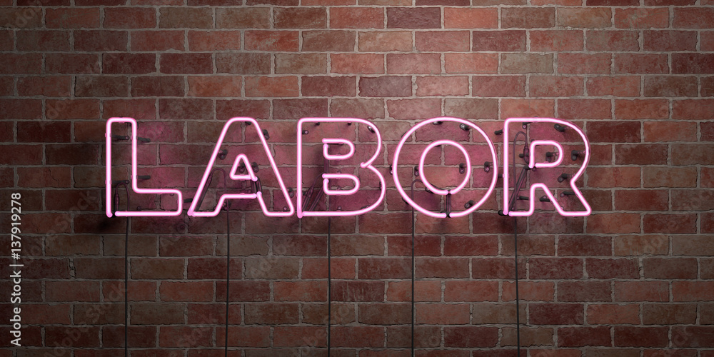 LABOR - fluorescent Neon tube Sign on brickwork - Front view - 3D rendered royalty free stock picture. Can be used for online banner ads and direct mailers.. LABOR - fluorescent Neon tube Sign on brickwork - Front view - 3D rendered royalty free stock picture. Can be used for online banner ads and direct mailers..