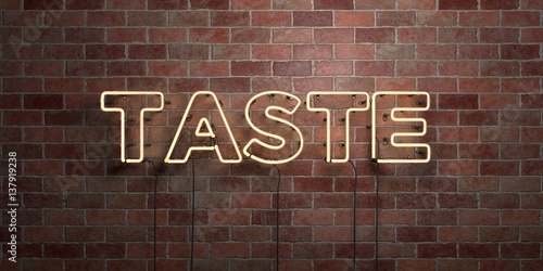 TASTE - fluorescent Neon tube Sign on brickwork - Front view - 3D rendered royalty free stock picture. Can be used for online banner ads and direct mailers..