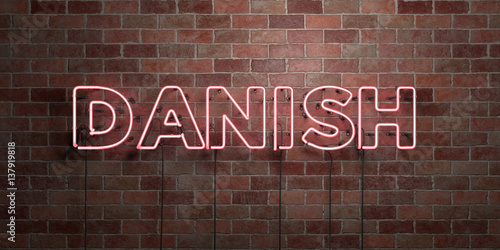 DANISH - fluorescent Neon tube Sign on brickwork - Front view - 3D rendered royalty free stock picture. Can be used for online banner ads and direct mailers..