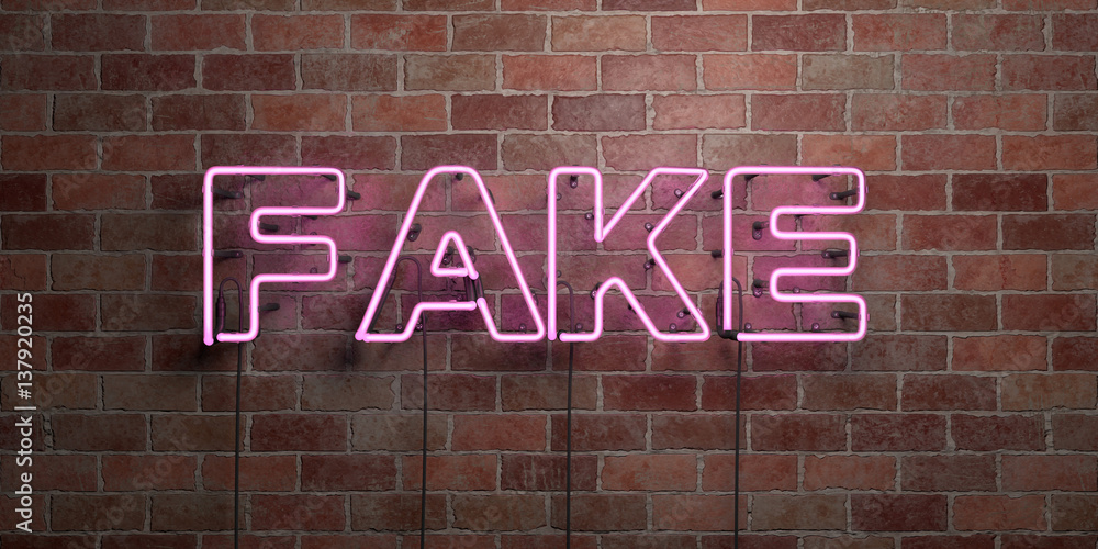 Obraz premium FAKE - fluorescent Neon tube Sign on brickwork - Front view - 3D rendered royalty free stock picture. Can be used for online banner ads and direct mailers..