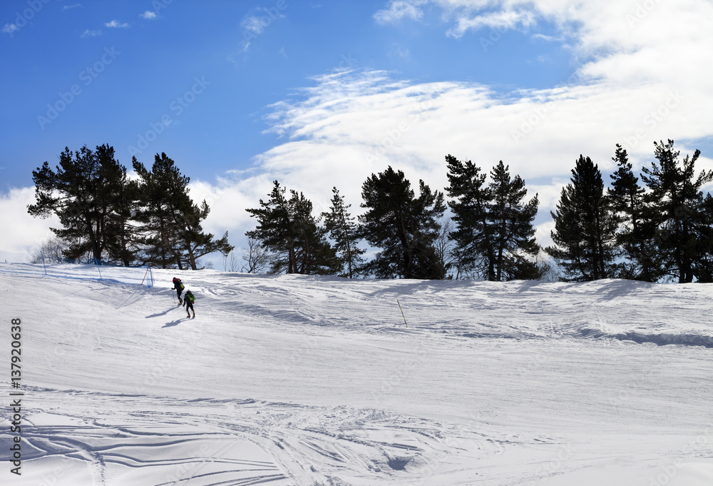 Two hikers on snow slope in sun winter day